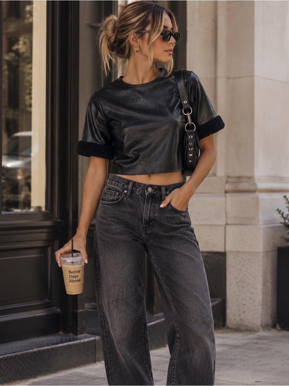 MILLY Rainey Crinkled Faux Leather Crop Top Womens XS Black Faux Fur